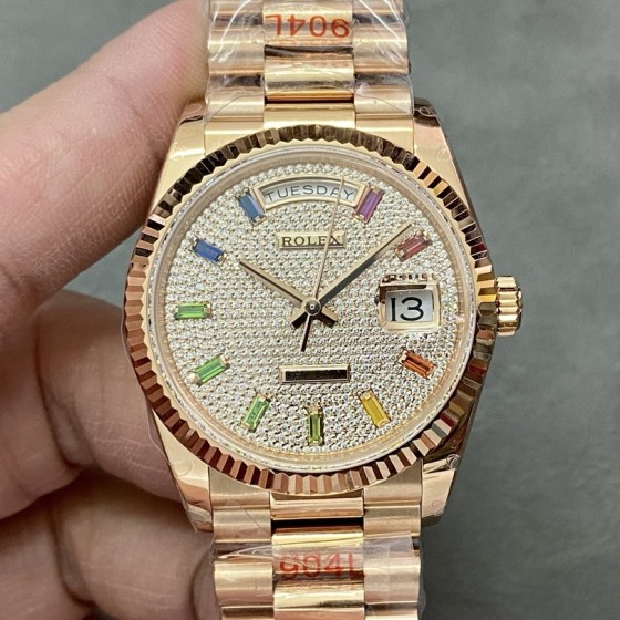 Sunday date display series women's watch with diamond-set dial, rose gold bezel, 36mm case, and rose gold President-style bracelet.